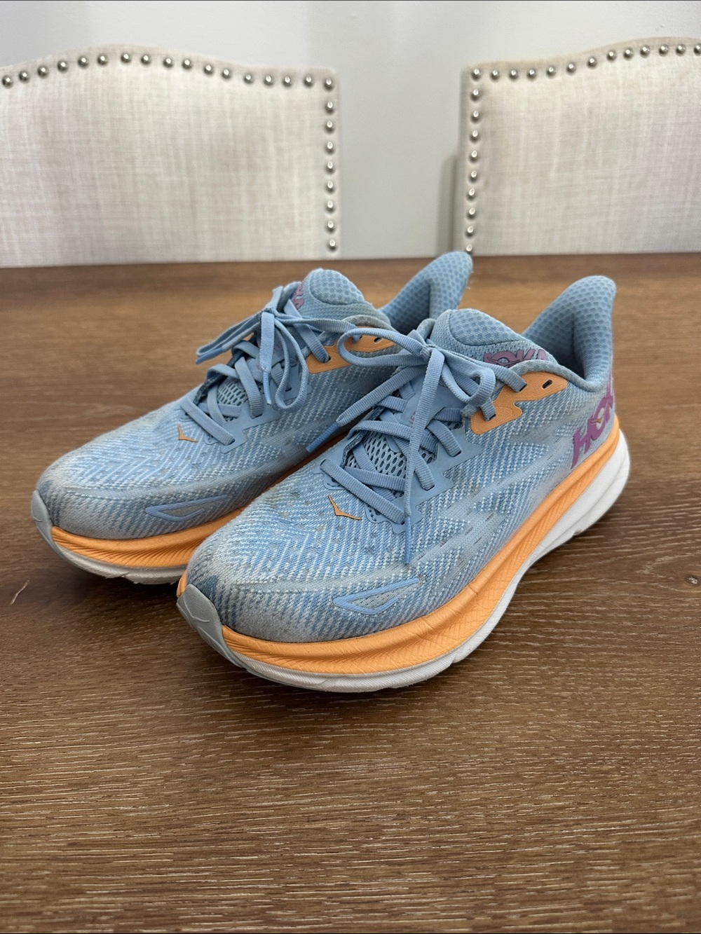 Hoka Women’s Clifton 9 Light Blue and Orange Running Shoes